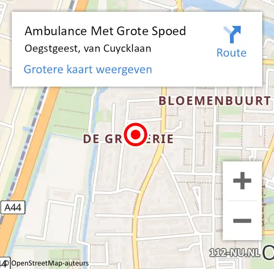 Locatie op kaart van de 112 melding: Ambulance Met Grote Spoed Naar Oegstgeest, van Cuycklaan op 30 augustus 2024 22:30