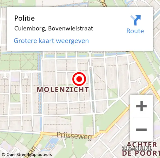 Locatie op kaart van de 112 melding: Politie Culemborg, Bovenwielstraat op 30 augustus 2024 23:02