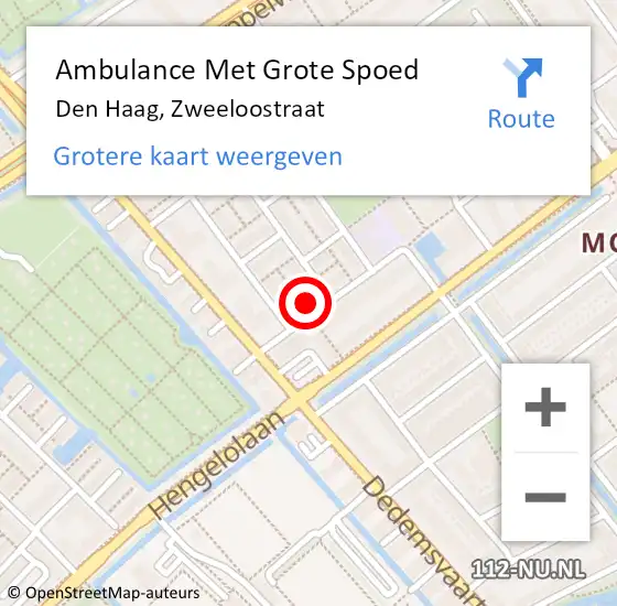 Locatie op kaart van de 112 melding: Ambulance Met Grote Spoed Naar Den Haag, Zweeloostraat op 30 augustus 2024 23:44