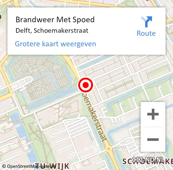 Locatie op kaart van de 112 melding: Brandweer Met Spoed Naar Delft, Schoemakerstraat op 31 augustus 2024 07:34