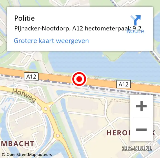 Locatie op kaart van de 112 melding: Politie Pijnacker-Nootdorp, A12 hectometerpaal: 9,2 op 31 augustus 2024 13:10