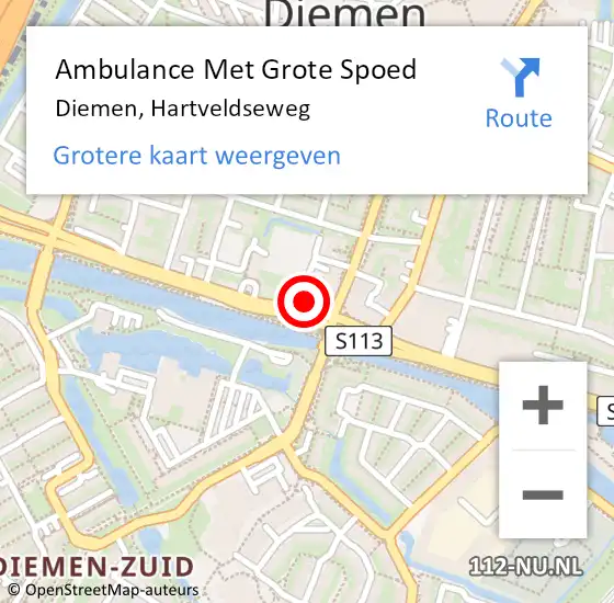 Locatie op kaart van de 112 melding: Ambulance Met Grote Spoed Naar Diemen, Hartveldseweg op 31 augustus 2024 18:50