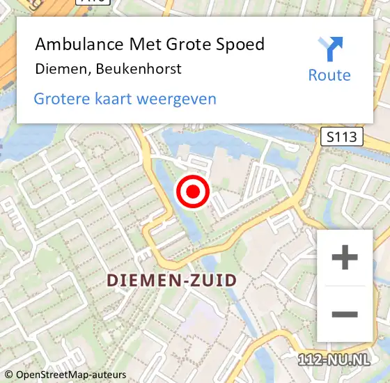 Locatie op kaart van de 112 melding: Ambulance Met Grote Spoed Naar Diemen, Beukenhorst op 31 augustus 2024 20:52