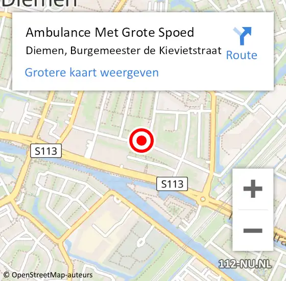 Locatie op kaart van de 112 melding: Ambulance Met Grote Spoed Naar Diemen, Burgemeester de Kievietstraat op 1 september 2024 11:50