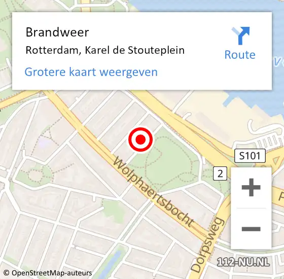 Locatie op kaart van de 112 melding: Brandweer Rotterdam, Karel de Stouteplein op 1 september 2024 12:49