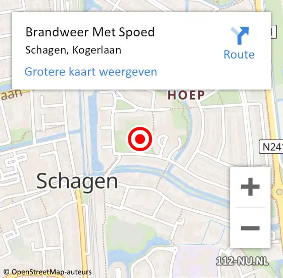 Locatie op kaart van de 112 melding: Brandweer Met Spoed Naar Schagen, Kogerlaan op 1 september 2024 13:46