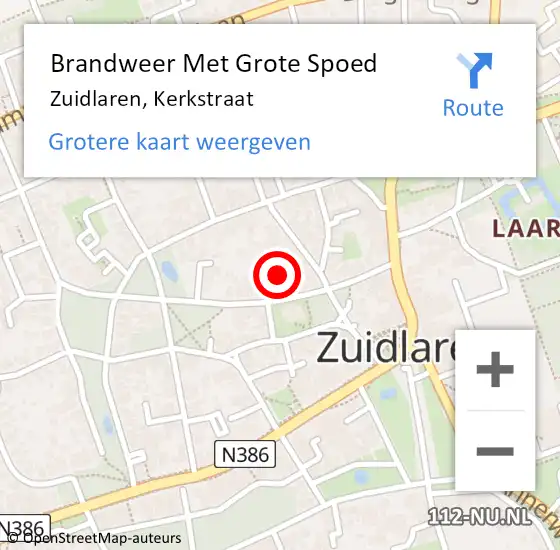 Locatie op kaart van de 112 melding: Brandweer Met Grote Spoed Naar Zuidlaren, Kerkstraat op 1 september 2024 14:40