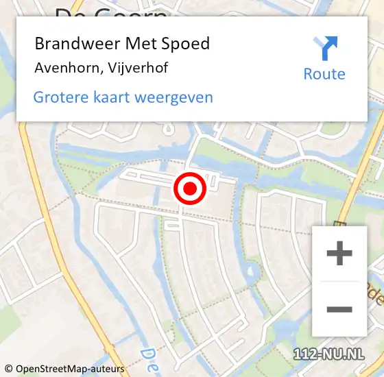 Locatie op kaart van de 112 melding: Brandweer Met Spoed Naar Avenhorn, Vijverhof op 1 september 2024 14:42