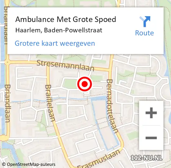 Locatie op kaart van de 112 melding: Ambulance Met Grote Spoed Naar Haarlem, Baden-Powellstraat op 1 september 2024 16:53