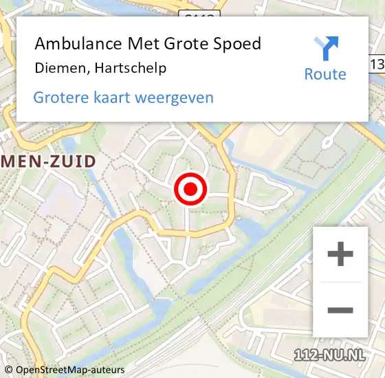 Locatie op kaart van de 112 melding: Ambulance Met Grote Spoed Naar Diemen, Hartschelp op 1 september 2024 16:56