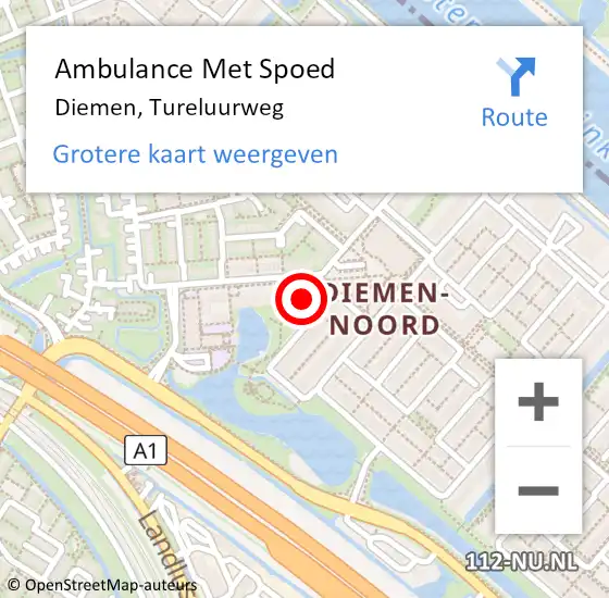 Locatie op kaart van de 112 melding: Ambulance Met Spoed Naar Diemen, Tureluurweg op 1 september 2024 17:00