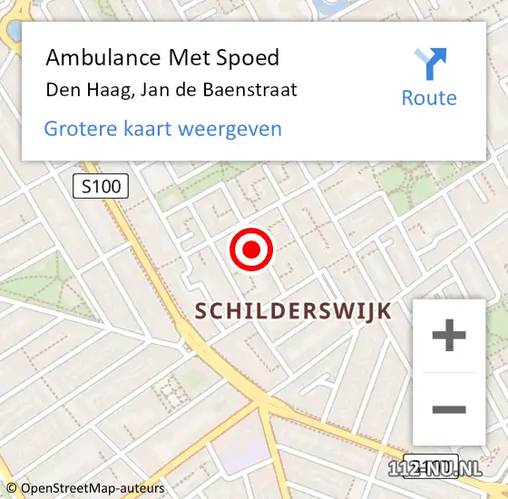 Locatie op kaart van de 112 melding: Ambulance Met Spoed Naar Den Haag, Jan de Baenstraat op 1 september 2024 17:12