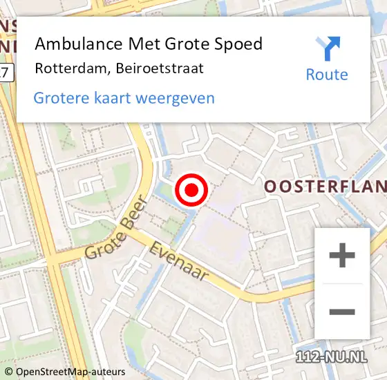 Locatie op kaart van de 112 melding: Ambulance Met Grote Spoed Naar Rotterdam, Beiroetstraat op 1 september 2024 18:35