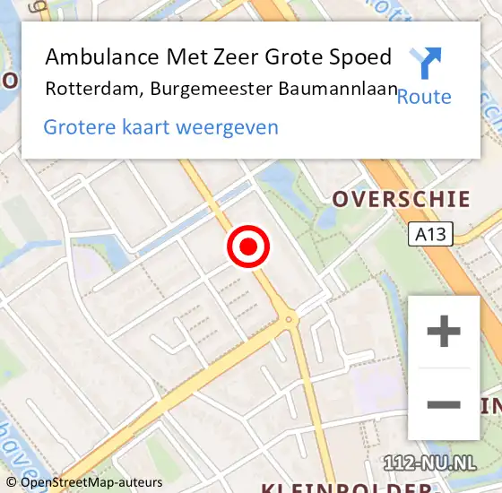 Locatie op kaart van de 112 melding: Ambulance Met Zeer Grote Spoed Naar Rotterdam, Burgemeester Baumannlaan op 1 september 2024 21:44