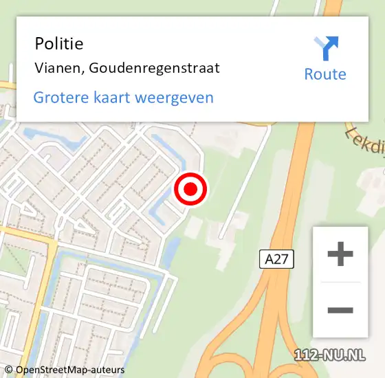 Locatie op kaart van de 112 melding: Politie Vianen, Goudenregenstraat op 2 september 2024 10:50