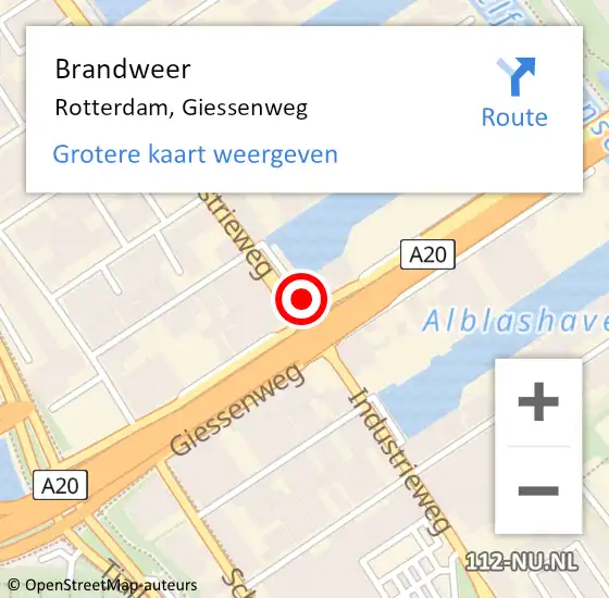 Locatie op kaart van de 112 melding: Brandweer Rotterdam, Giessenweg op 2 september 2024 11:23