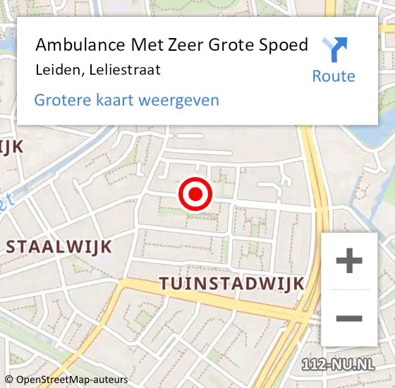 Locatie op kaart van de 112 melding: Ambulance Met Zeer Grote Spoed Naar Leiden, Leliestraat op 2 september 2024 12:58