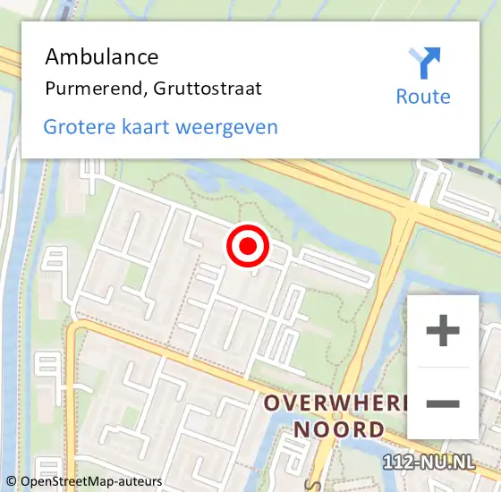 Locatie op kaart van de 112 melding: Ambulance Purmerend, Gruttostraat op 2 september 2024 15:07