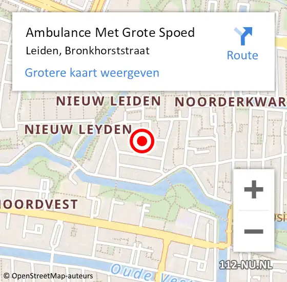 Locatie op kaart van de 112 melding: Ambulance Met Grote Spoed Naar Leiden, Bronkhorststraat op 2 september 2024 16:10