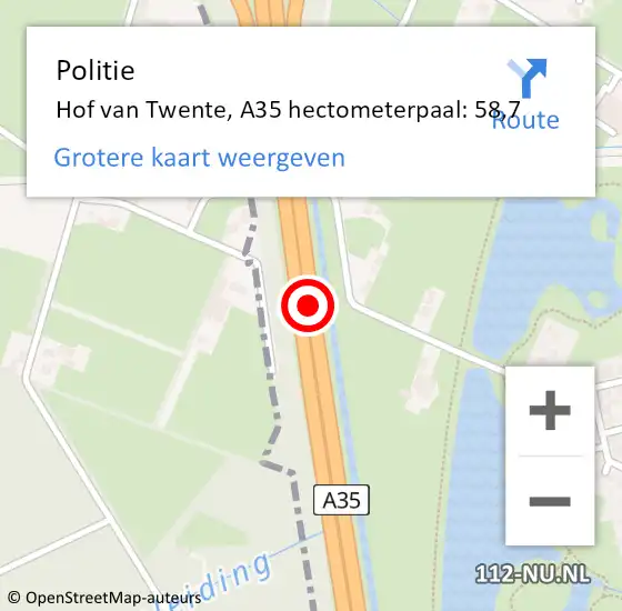 Locatie op kaart van de 112 melding: Politie Hof van Twente, A35 hectometerpaal: 58,7 op 2 september 2024 16:32