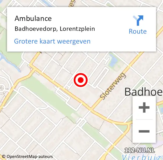 Locatie op kaart van de 112 melding: Ambulance Badhoevedorp, Lorentzplein op 2 september 2024 17:42