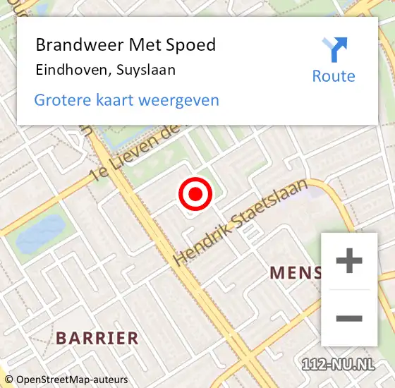 Locatie op kaart van de 112 melding: Brandweer Met Spoed Naar Eindhoven, Suyslaan op 2 september 2024 17:55