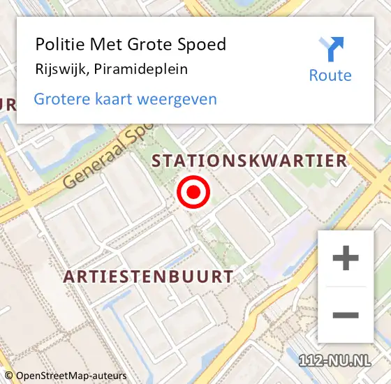 Locatie op kaart van de 112 melding: Politie Met Grote Spoed Naar Rijswijk, Piramideplein op 2 september 2024 21:54