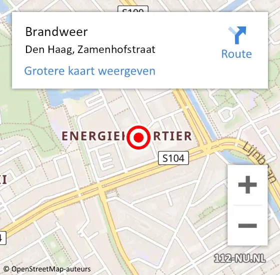 Locatie op kaart van de 112 melding: Brandweer Den Haag, Zamenhofstraat op 2 september 2024 22:01