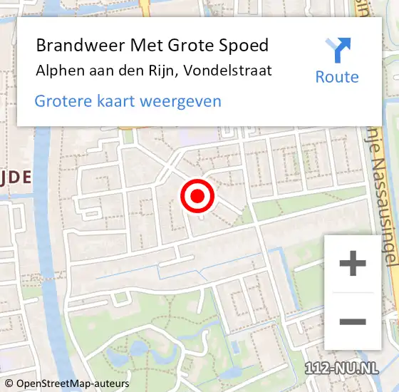 Locatie op kaart van de 112 melding: Brandweer Met Grote Spoed Naar Alphen aan den Rijn, Vondelstraat op 3 september 2024 01:04