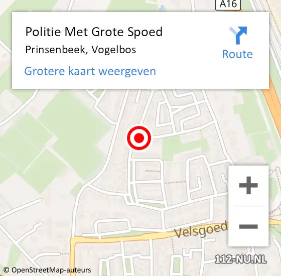 Locatie op kaart van de 112 melding: Politie Met Grote Spoed Naar Prinsenbeek, Vogelbos op 3 september 2024 04:14