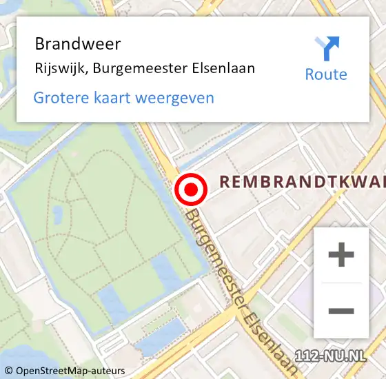 Locatie op kaart van de 112 melding: Brandweer Rijswijk, Burgemeester Elsenlaan op 3 september 2024 09:36