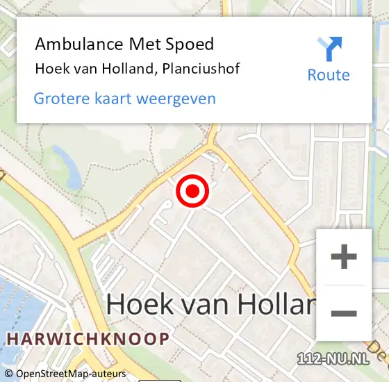 Locatie op kaart van de 112 melding: Ambulance Met Spoed Naar Hoek van Holland, Planciushof op 3 september 2024 10:13