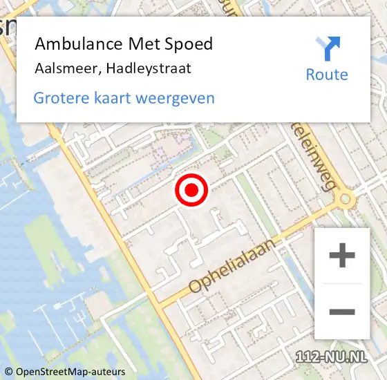 Locatie op kaart van de 112 melding: Ambulance Met Spoed Naar Aalsmeer, Hadleystraat op 3 september 2024 14:40