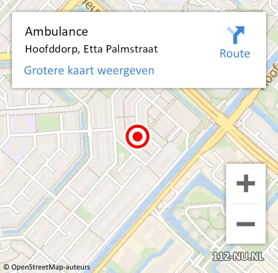 Locatie op kaart van de 112 melding: Ambulance Hoofddorp, Etta Palmstraat op 3 september 2024 14:47