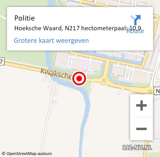 Locatie op kaart van de 112 melding: Politie Hoeksche Waard, N217 hectometerpaal: 10,9 op 3 september 2024 15:59