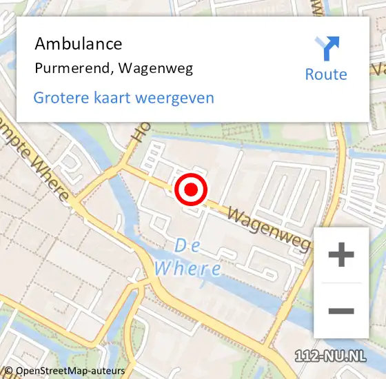 Locatie op kaart van de 112 melding: Ambulance Purmerend, Wagenweg op 3 september 2024 19:17