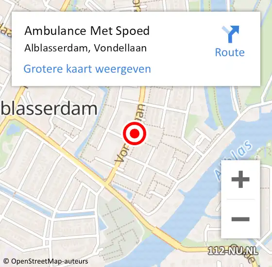 Locatie op kaart van de 112 melding: Ambulance Met Spoed Naar Alblasserdam, Vondellaan op 3 september 2024 19:48