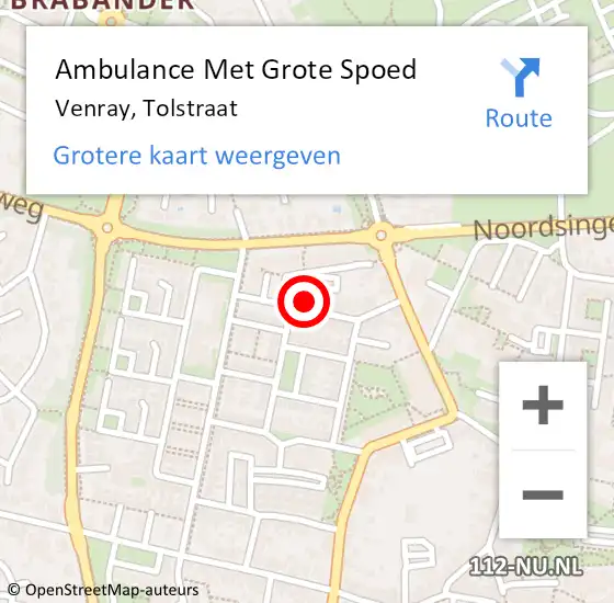 Locatie op kaart van de 112 melding: Ambulance Met Grote Spoed Naar Venray, Tolstraat op 18 oktober 2014 20:50