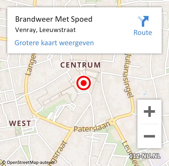 Locatie op kaart van de 112 melding: Brandweer Met Spoed Naar Venray, Leeuwstraat op 4 september 2024 00:43