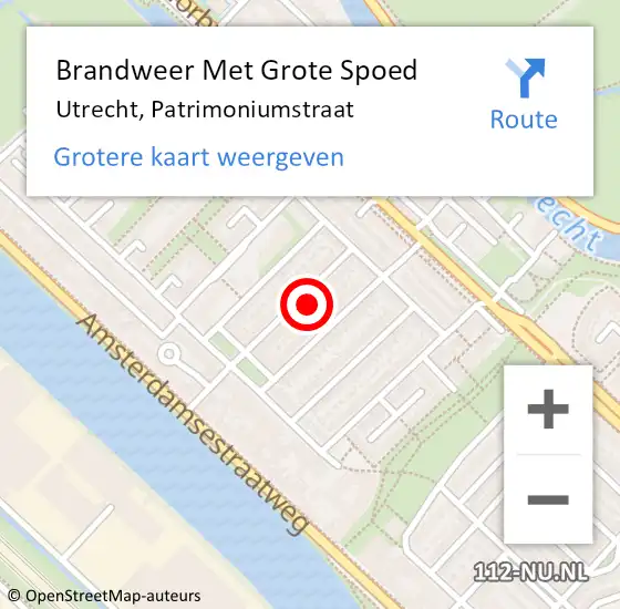 Locatie op kaart van de 112 melding: Brandweer Met Grote Spoed Naar Utrecht, Patrimoniumstraat op 4 september 2024 08:23