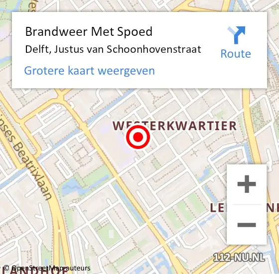 Locatie op kaart van de 112 melding: Brandweer Met Spoed Naar Delft, Justus van Schoonhovenstraat op 4 september 2024 08:31