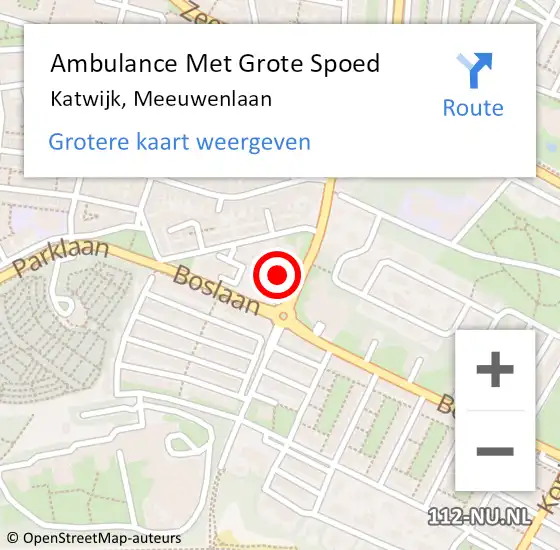 Locatie op kaart van de 112 melding: Ambulance Met Grote Spoed Naar Katwijk, Meeuwenlaan op 4 september 2024 14:16