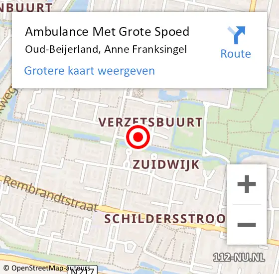 Locatie op kaart van de 112 melding: Ambulance Met Grote Spoed Naar Oud-Beijerland, Anne Franksingel op 4 september 2024 16:02