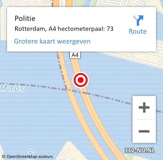 Locatie op kaart van de 112 melding: Politie Rotterdam, A4 hectometerpaal: 73 op 4 september 2024 16:27