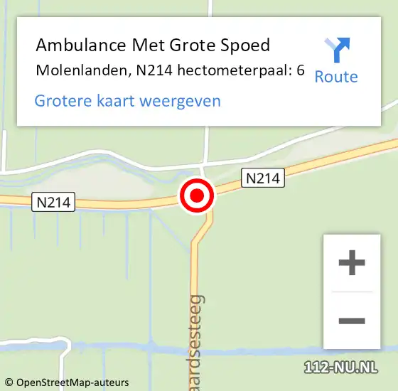 Locatie op kaart van de 112 melding: Ambulance Met Grote Spoed Naar Molenlanden, N214 hectometerpaal: 6 op 4 september 2024 16:39