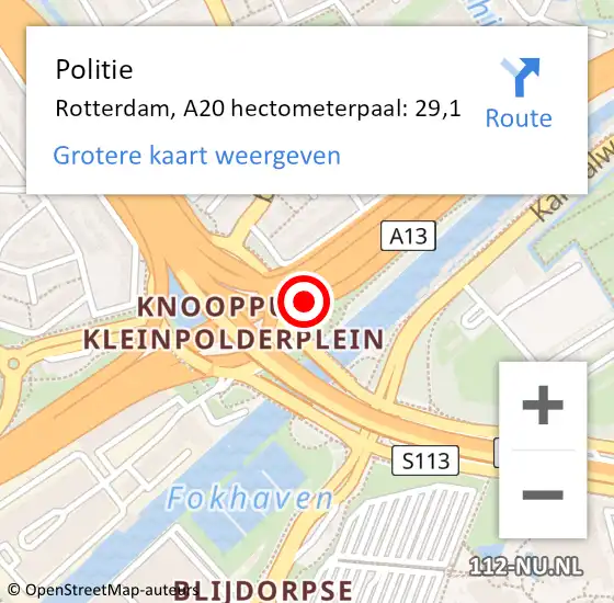 Locatie op kaart van de 112 melding: Politie Rotterdam, A20 hectometerpaal: 29,1 op 4 september 2024 16:50