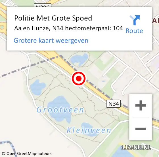 Locatie op kaart van de 112 melding: Politie Met Grote Spoed Naar Aa en Hunze, N34 hectometerpaal: 104 op 4 september 2024 16:54