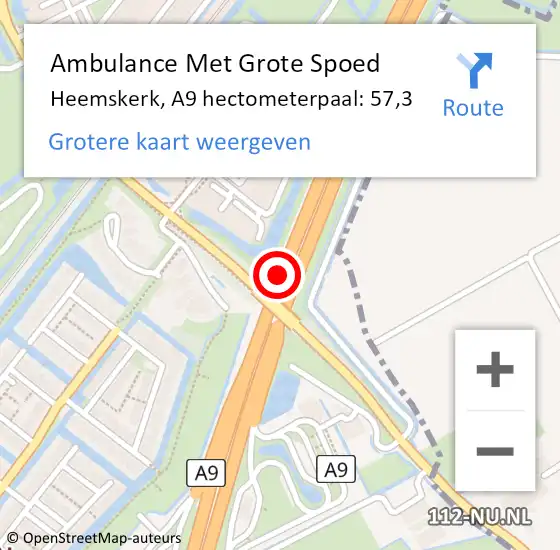 Locatie op kaart van de 112 melding: Ambulance Met Grote Spoed Naar Heemskerk, A9 hectometerpaal: 57,3 op 4 september 2024 17:07