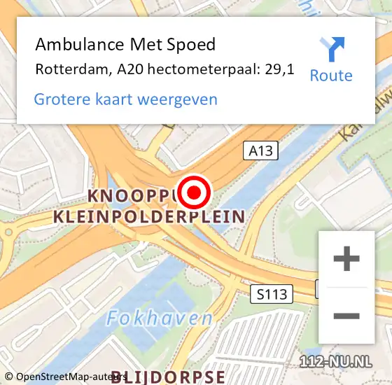 Locatie op kaart van de 112 melding: Ambulance Met Spoed Naar Rotterdam, A20 hectometerpaal: 29,1 op 4 september 2024 17:13