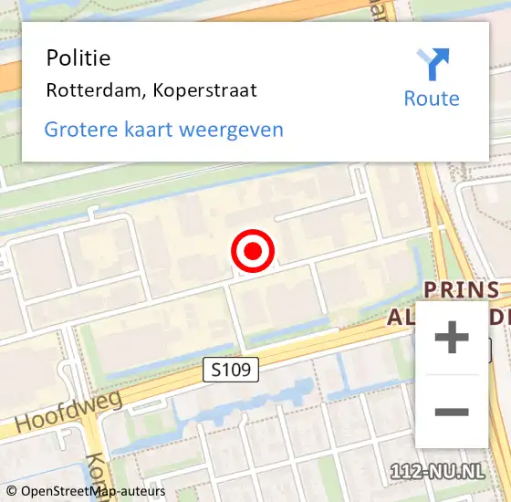 Locatie op kaart van de 112 melding: Politie Rotterdam, Koperstraat op 4 september 2024 18:22